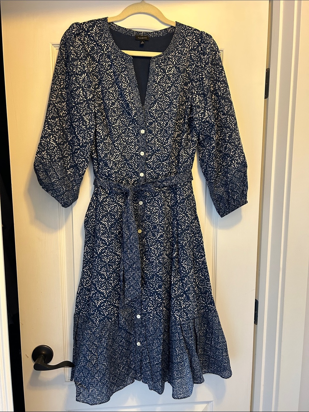 Talbots Navy Blue Printed Button-Front Midi Dress